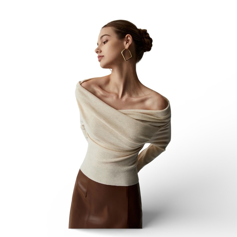 COMMENSE Off Shoulder Wrap Long Sleeve Knit Top COLOR - Apricot, size XL NWT